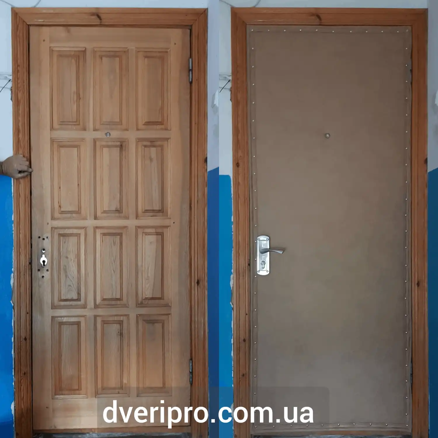 Отделка деревянной двери обита дермантином фото до и после реставрации.
