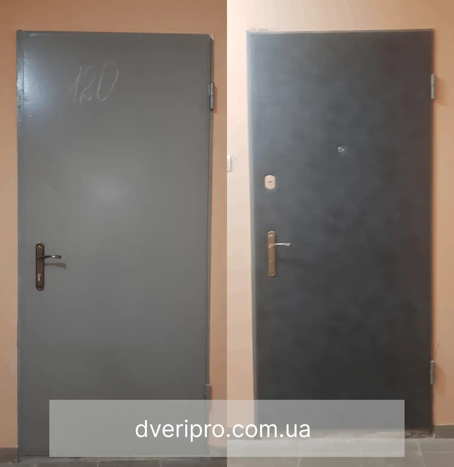 Железная дверь от застройщика, обшита дермантином, цвета мокрый асфальт.